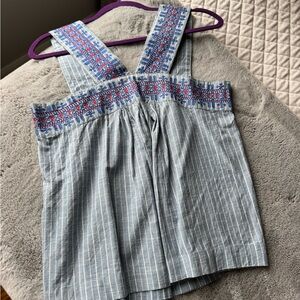Anthropologie Blue Embroidered Striped Top